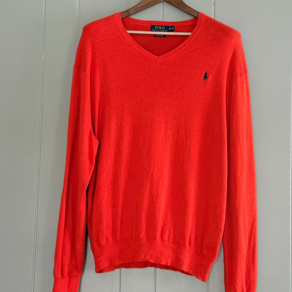 Polo Ralph Lauren Mens XL Tomato Orange Red Pima Cotton V-Neck Sweater Pony Logo
